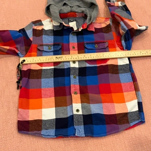 Multicolor Plaid Button Down Shirt with Hood - Picture 6 of 11